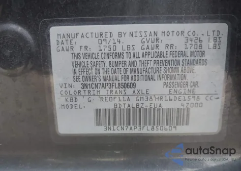 2015 Nissan Versa 1.6 Sv from USA, damaged, VIN 3N1CN7AP3FL850609